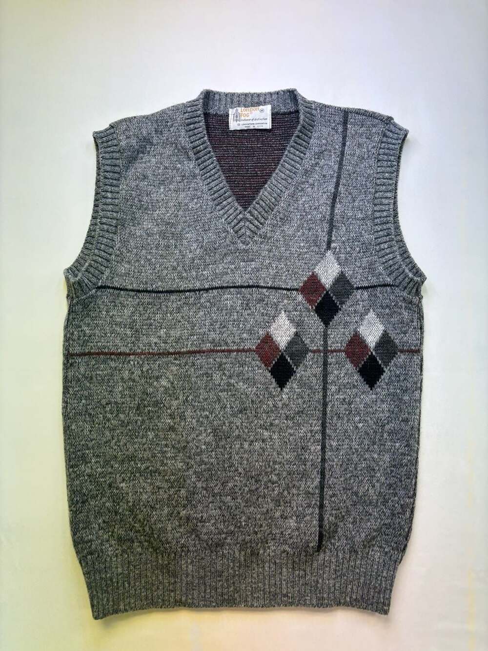 London Fog Vintage Grey Argyle Knit V-Neck Sweater Vest Size M